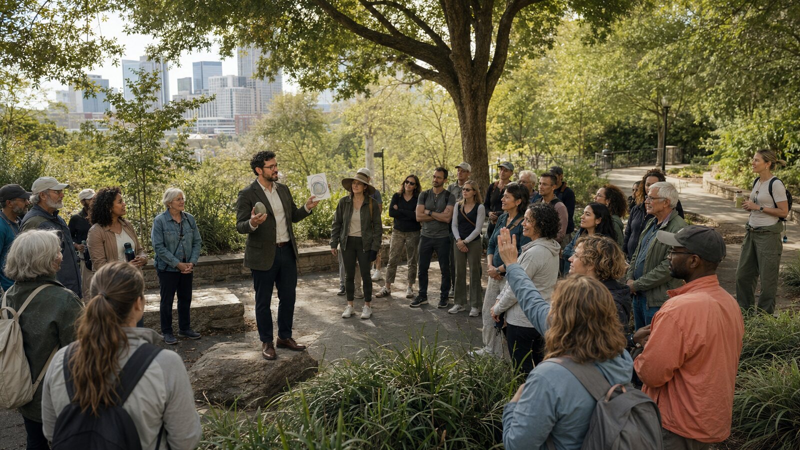 A speaker and a circle of walkers under a tree