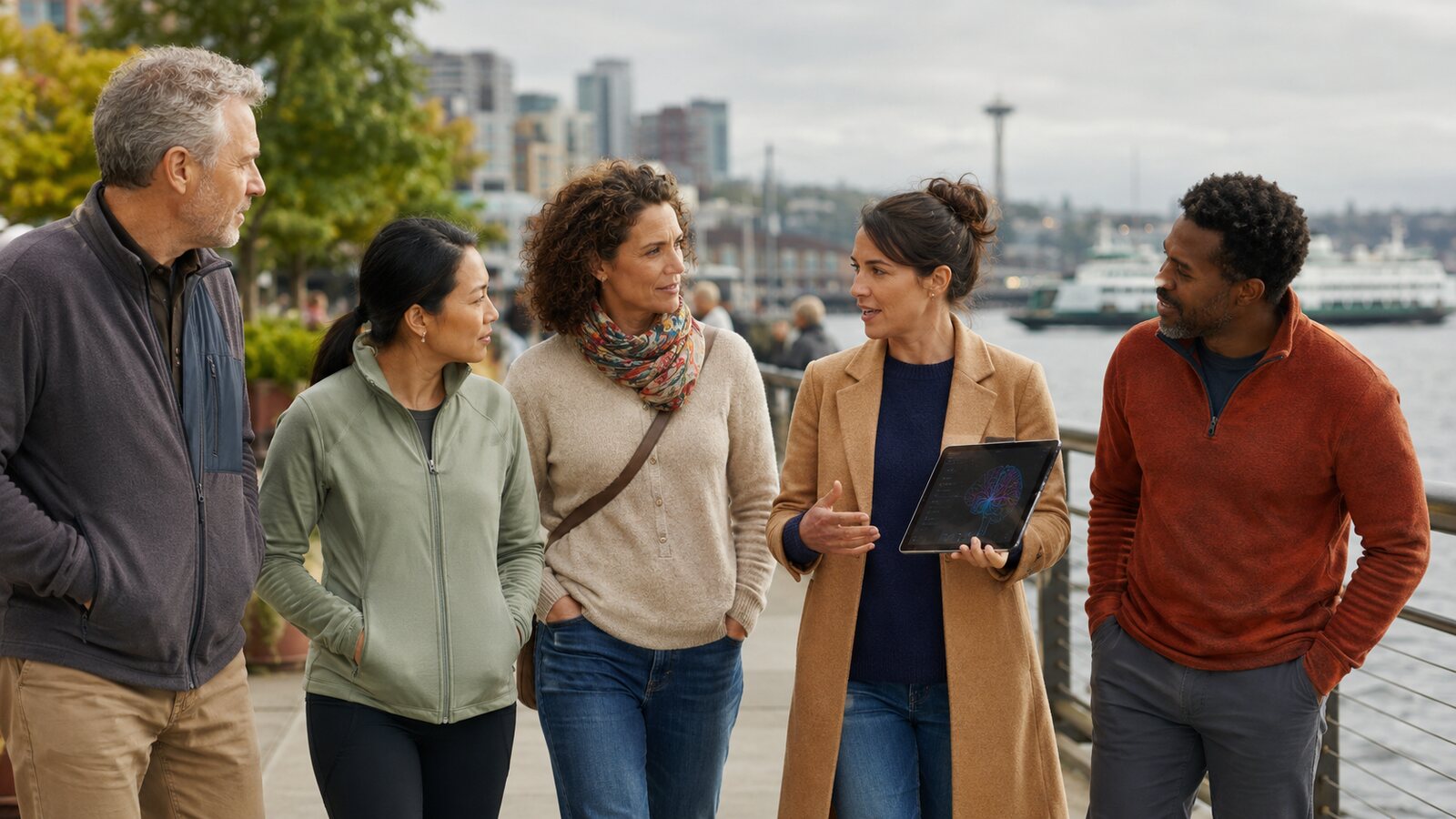Five walkers side by side on a waterfront path