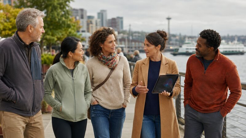 Five people walking and talking on the Seattle waterfront