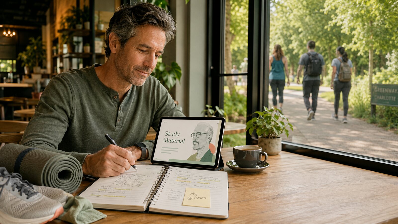 A member reading the study material at a table before a walk