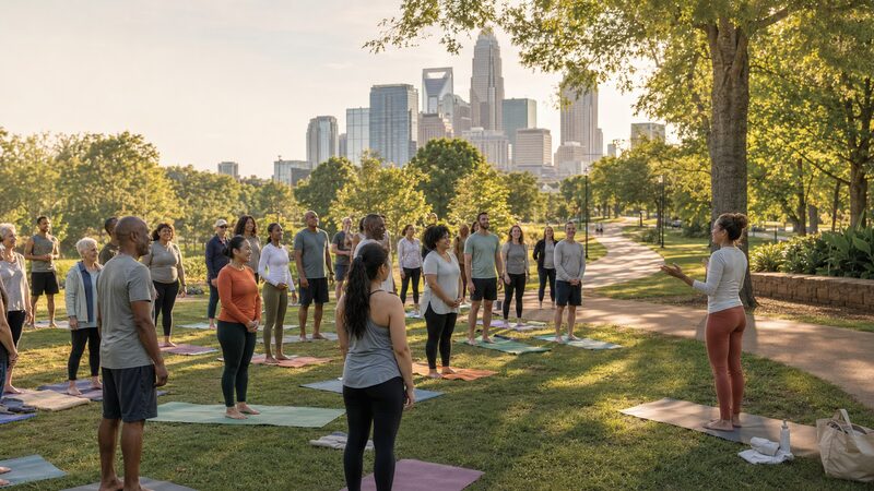 Morning yoga on the grass before a walk